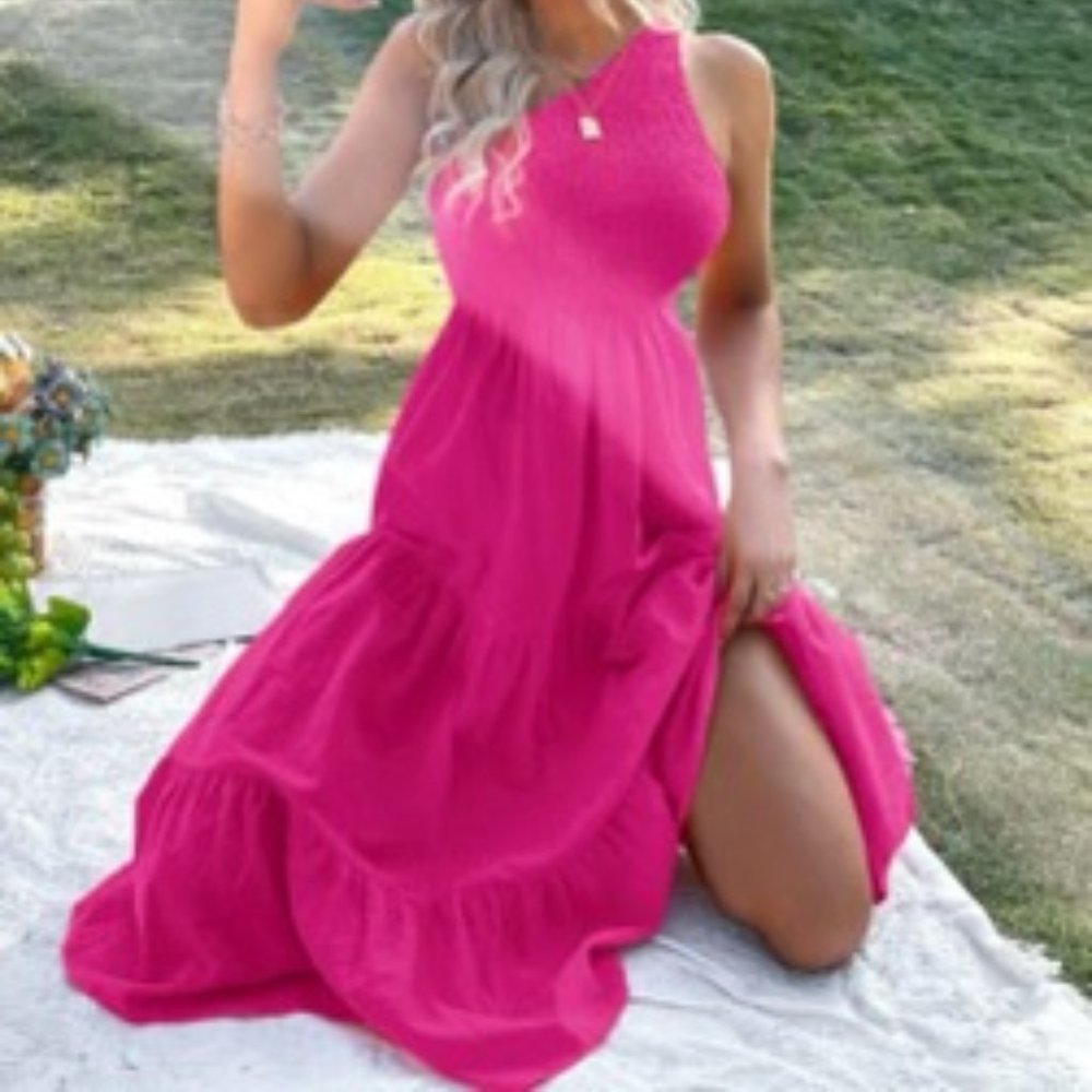 One Shoulder Ruffle Hem Dress -  Hot Pink - Size Small